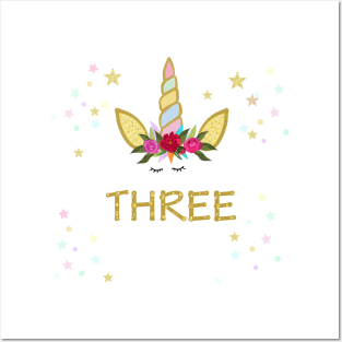 Third birthday candle. Three. Unicorn Birthday invitation. Party invitation Posters and Art